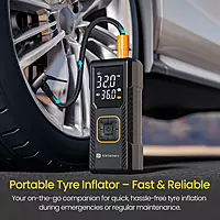 Portronics Vayu – 2-in-1 Tyre Inflator with Digital Display, compact design, fast inflation, built-in LED light, auto shut-off feature, perfect for cars and bikes, easy to use, reliable performance.