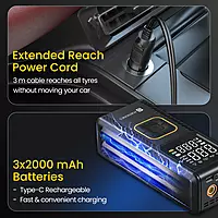 Portronics Vayu – 2-in-1 Tyre Inflator with Digital Display, compact design, fast inflation, built-in LED light, auto shut-off feature, perfect for cars and bikes, easy to use, reliable performance.