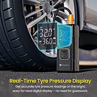 Portronics Vayu – 2-in-1 Tyre Inflator with Digital Display, compact design, fast inflation, built-in LED light, auto shut-off feature, perfect for cars and bikes, easy to use, reliable performance.