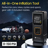Portronics Vayu – 2-in-1 Tyre Inflator with Digital Display, compact design, fast inflation, built-in LED light, auto shut-off feature, perfect for cars and bikes, easy to use, reliable performance.