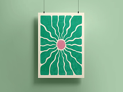 Green and Pink Sunburst Art Print Poster  I Retro Floral Wall Decor