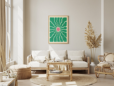 Green and Pink Sunburst Art Print Poster  I Retro Floral Wall Decor