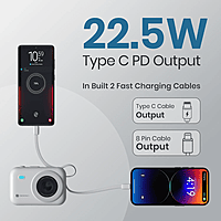 Portronics Power Shutter 20000mAh 15W Magnetic Wireless Fast Charging Powerbank with in-Built Type C & 8 Pin Cable, 22.5W Type C PD Output, Type C Bidirectional Port, LED Display (Black)