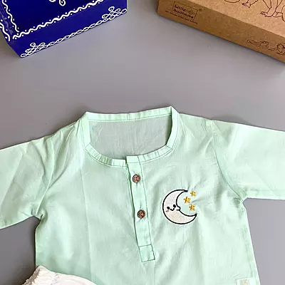 Organic Cotton Baby Boy Kurta Pajama Set (Green - Moon & Stars)