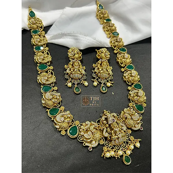 Premium gold alike nakshi haram set with green emerald stones - TH005