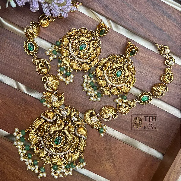 Premium quality Multicolor nakshi necklace with peacock motifs and green beads - TN006