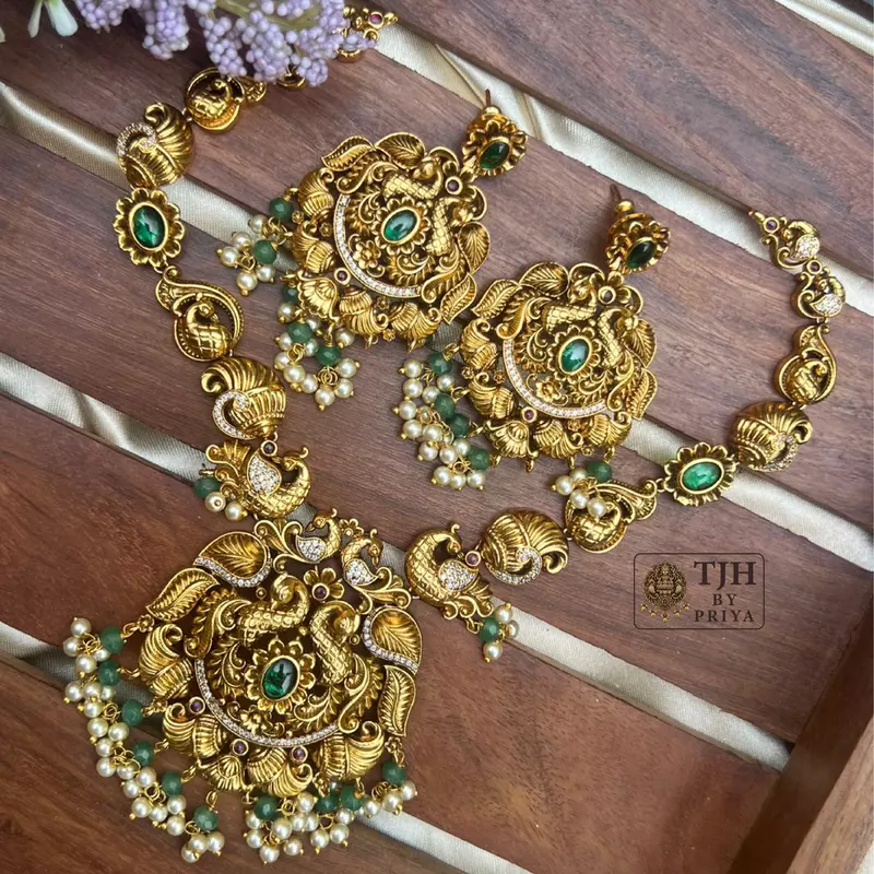 Premium quality Multicolor nakshi necklace with peacock motifs and green beads - TN006