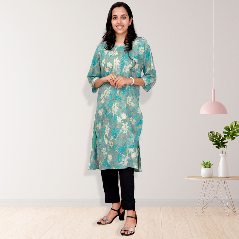 Princess feeling foil printed side slit Teal Green Floral Top