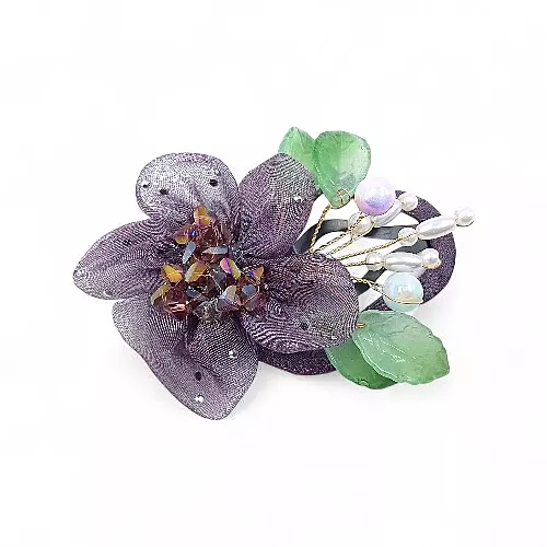 Elegant Purple Floral Beaded Organza Hair Clip