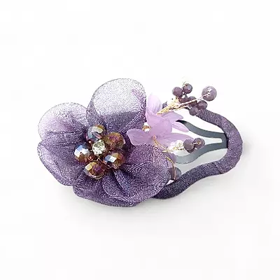 Elegant Purple Floral Beaded Organza Snap Hair Clip