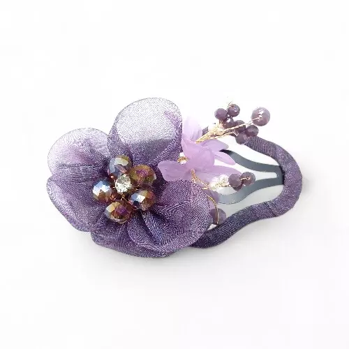 Elegant Purple Floral Beaded Organza Snap Hair Clip