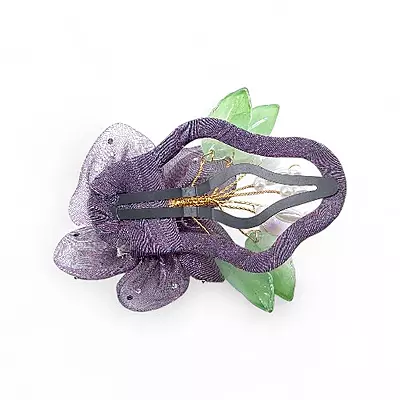 Elegant Purple Floral Beaded Organza Hair Clip