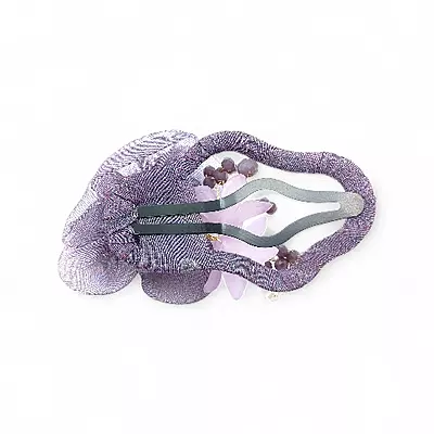 Elegant Purple Floral Beaded Organza Snap Hair Clip