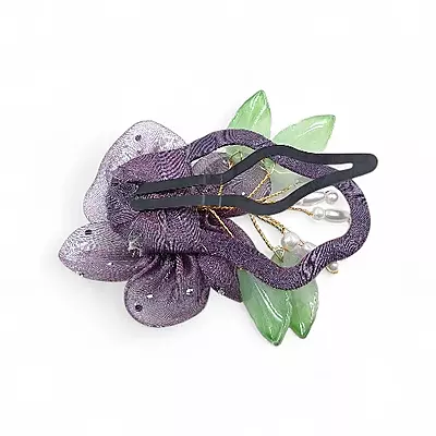 Elegant Purple Floral Beaded Organza Hair Clip