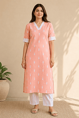 Peach Woven Motif Cotton Co-Ord Set with Contrast Piping Neckline