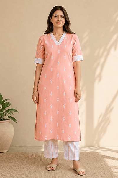 Peach Woven Motif Cotton Co-Ord Set with Contrast Piping Neckline
