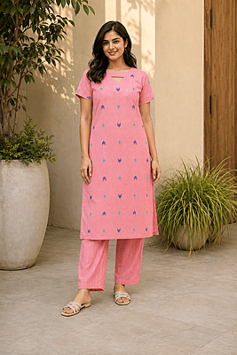 Women's Peach Pink Woven Cotton Co-Ord Set with Straight Kurta & Striped Pants Women's Peach Pink Woven Cotton Co-Ord Set with Straight Kurta & Striped Pants