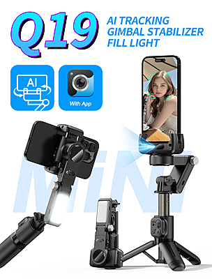 Q19 360° Smartphone Gimbal Stabilizer with AI Face Tracking, Fill Light, Extendable Selfie Stick Tripod