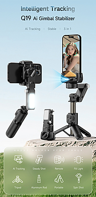 Q19 360° Smartphone Gimbal Stabilizer with AI Face Tracking, Fill Light, Extendable Selfie Stick Tripod