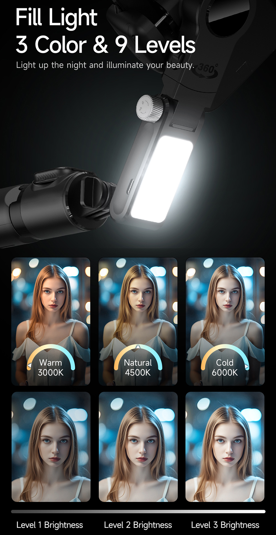 Q19 360° Smartphone Gimbal Stabilizer with AI Face Tracking, Fill Light, Extendable Selfie Stick Tripod