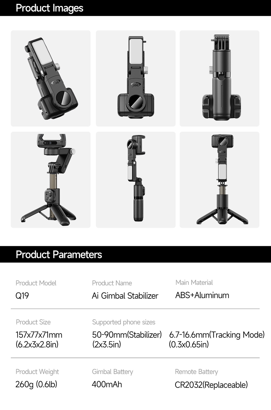 Q19 360° Smartphone Gimbal Stabilizer with AI Face Tracking, Fill Light, Extendable Selfie Stick Tripod