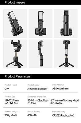 Q19 360° Smartphone Gimbal Stabilizer with AI Face Tracking, Fill Light, Extendable Selfie Stick Tripod