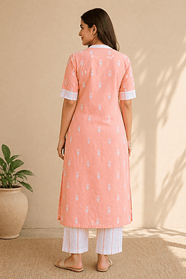 Peach Woven Motif Cotton Co-Ord Set with Contrast Piping Neckline