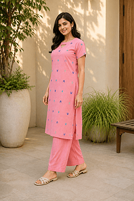 Women's Peach Pink Woven Cotton Co-Ord Set with Straight Kurta & Striped Pants Women's Peach Pink Woven Cotton Co-Ord Set with Straight Kurta & Striped Pants