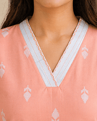 Peach Woven Motif Cotton Co-Ord Set with Contrast Piping Neckline