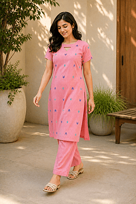 Women's Peach Pink Woven Cotton Co-Ord Set with Straight Kurta & Striped Pants Women's Peach Pink Woven Cotton Co-Ord Set with Straight Kurta & Striped Pants