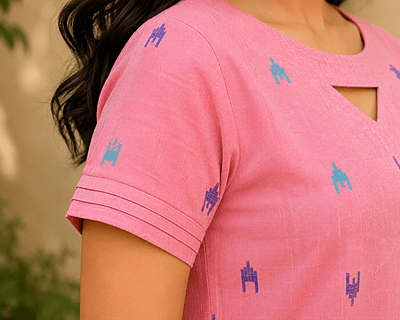 Women's Peach Pink Woven Cotton Co-Ord Set with Straight Kurta & Striped Pants Women's Peach Pink Woven Cotton Co-Ord Set with Straight Kurta & Striped Pants