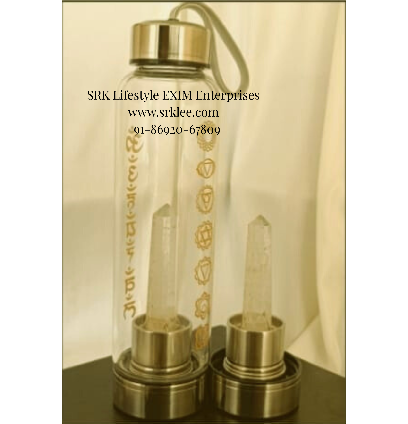 Stone Water Bottle - Quartz (The Master Healer) with Mantras & Chakras Stone Water Bottle - Quartz (The Master Healer) with Mantras & Chakras