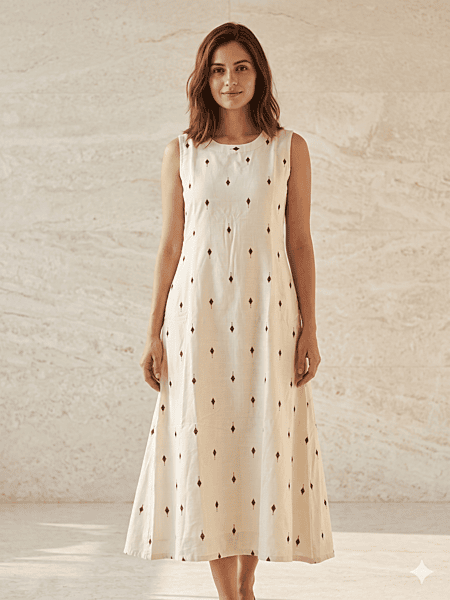 Off-White Handloom Cotton A-Line Dress with Black Geometric Buti