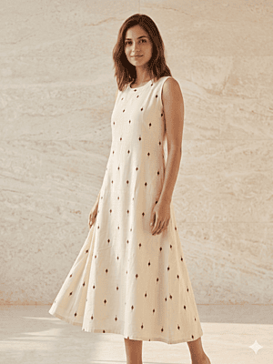 Off-White Handloom Cotton A-Line Dress with Black Geometric Buti