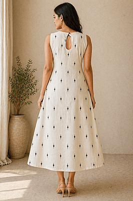 Off-White Handloom Cotton A-Line Dress with Black Geometric Buti