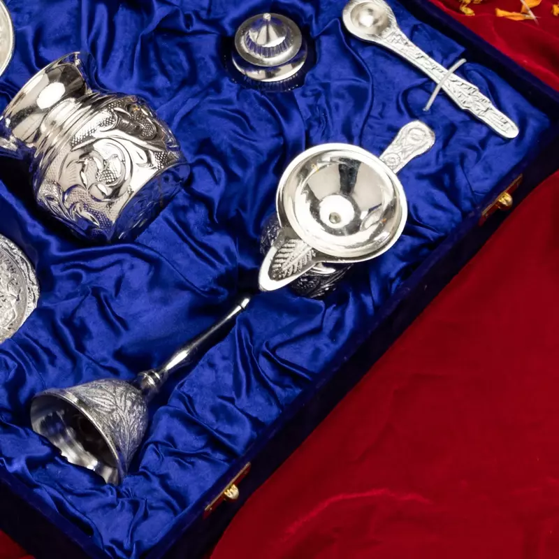 Silver Plated Thali Set 11" | Luxury Edition Pooja Thali Set of 10