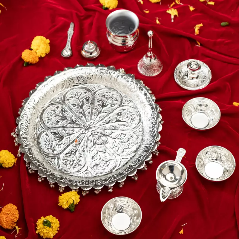 Silver Plated Thali Set 11" | Luxury Edition Pooja Thali Set of 10