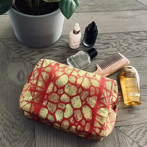 RED JUTE PRINT DOUBLE ZIP POUCH