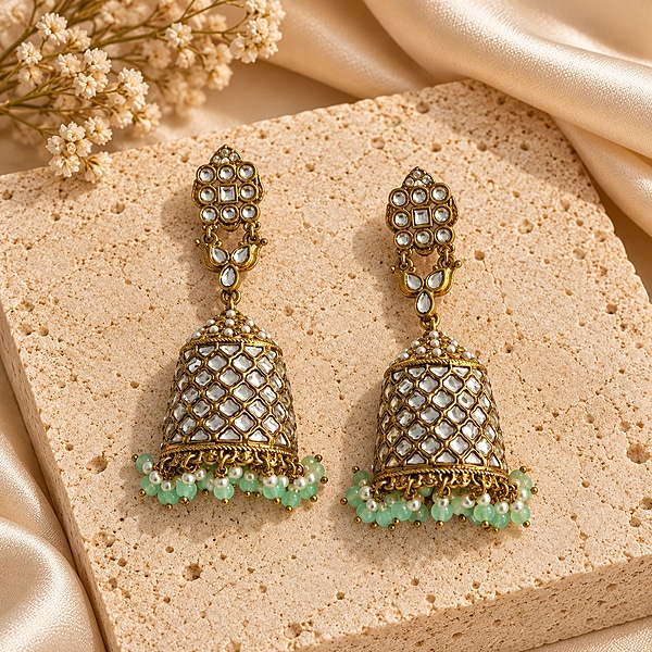 Kundan studded and mint moti half jhumkas
