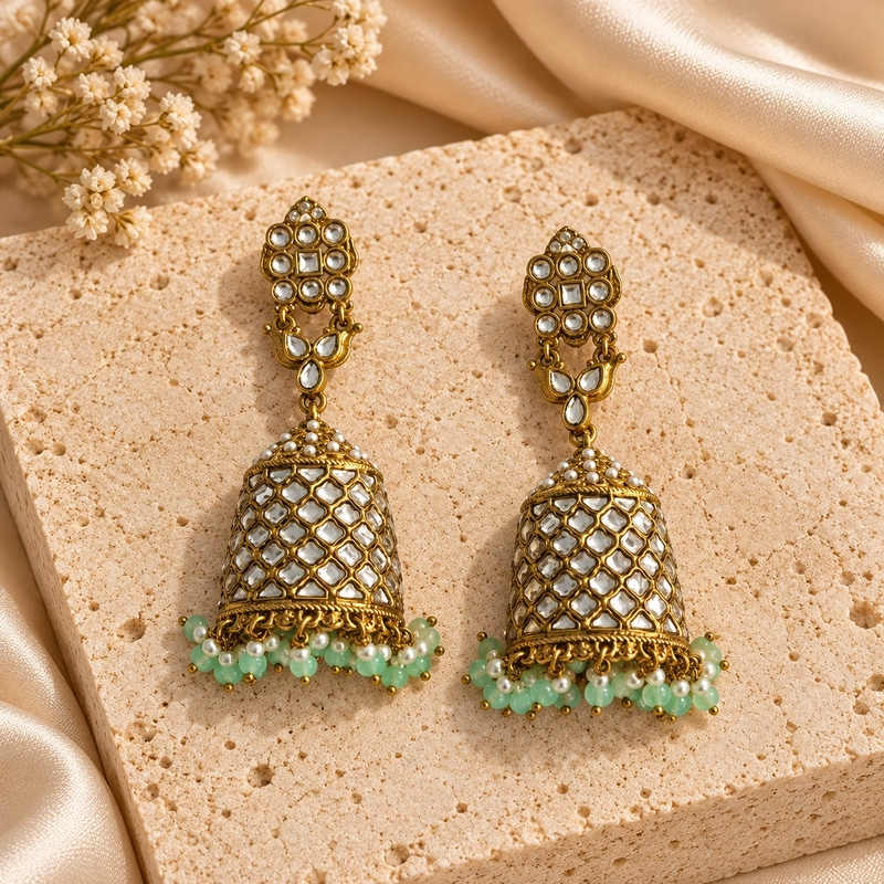 Kundan studded and mint moti half jhumkas