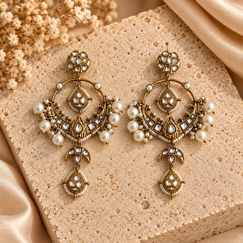 White Kundan studded and pearl and moti earring
