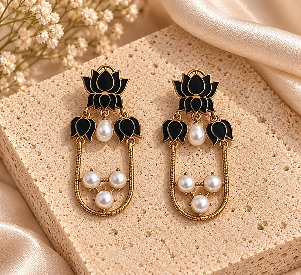 Black Lotus Pearl Dangling Earrings