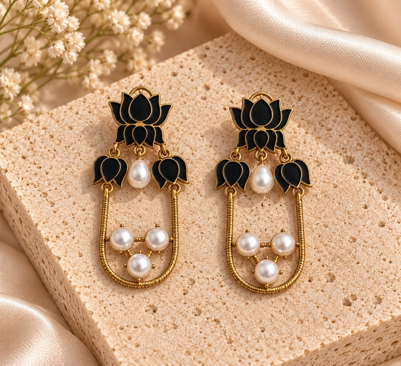 Black Lotus Pearl Dangling Earrings
