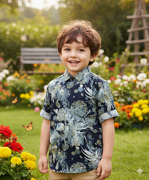 Boys Shirt - Blue leafy print