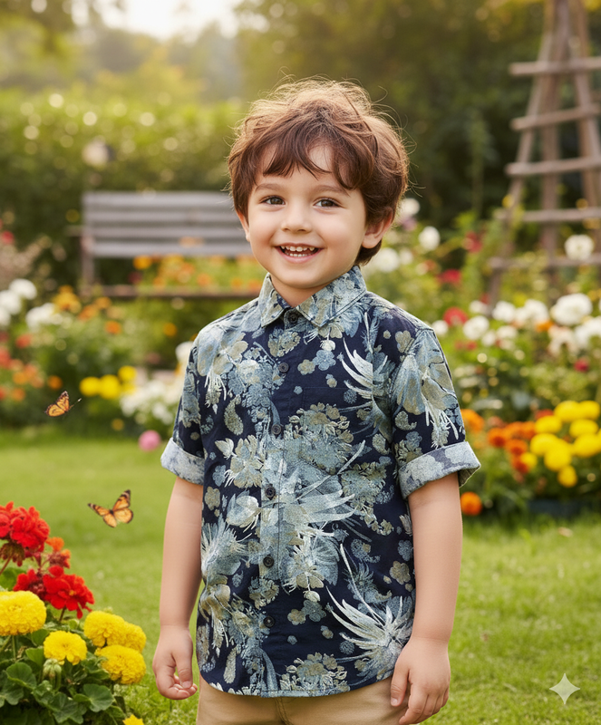 Boys Shirt - Blue leafy print