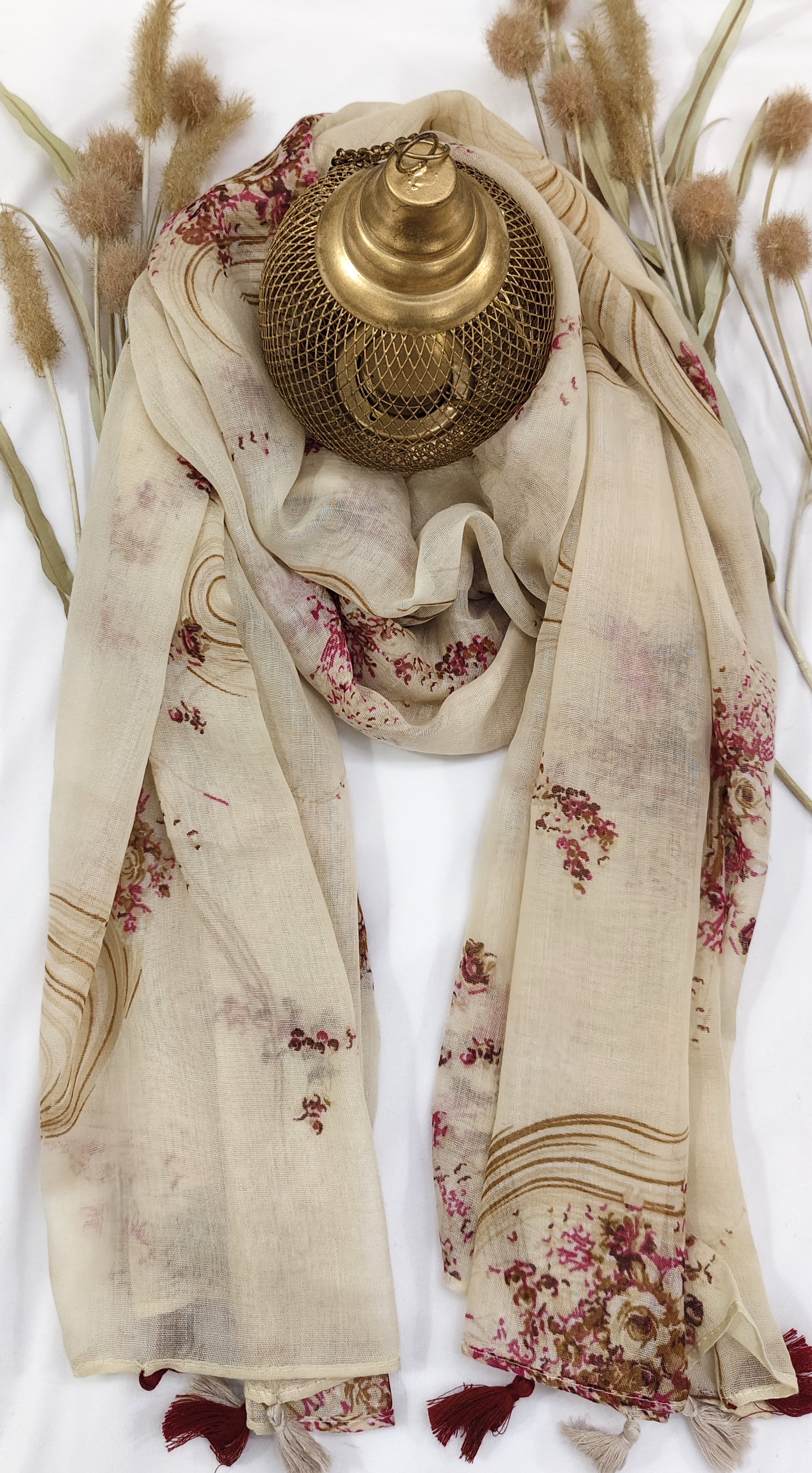 Cotton Floral Line Print Hijab With Tassels