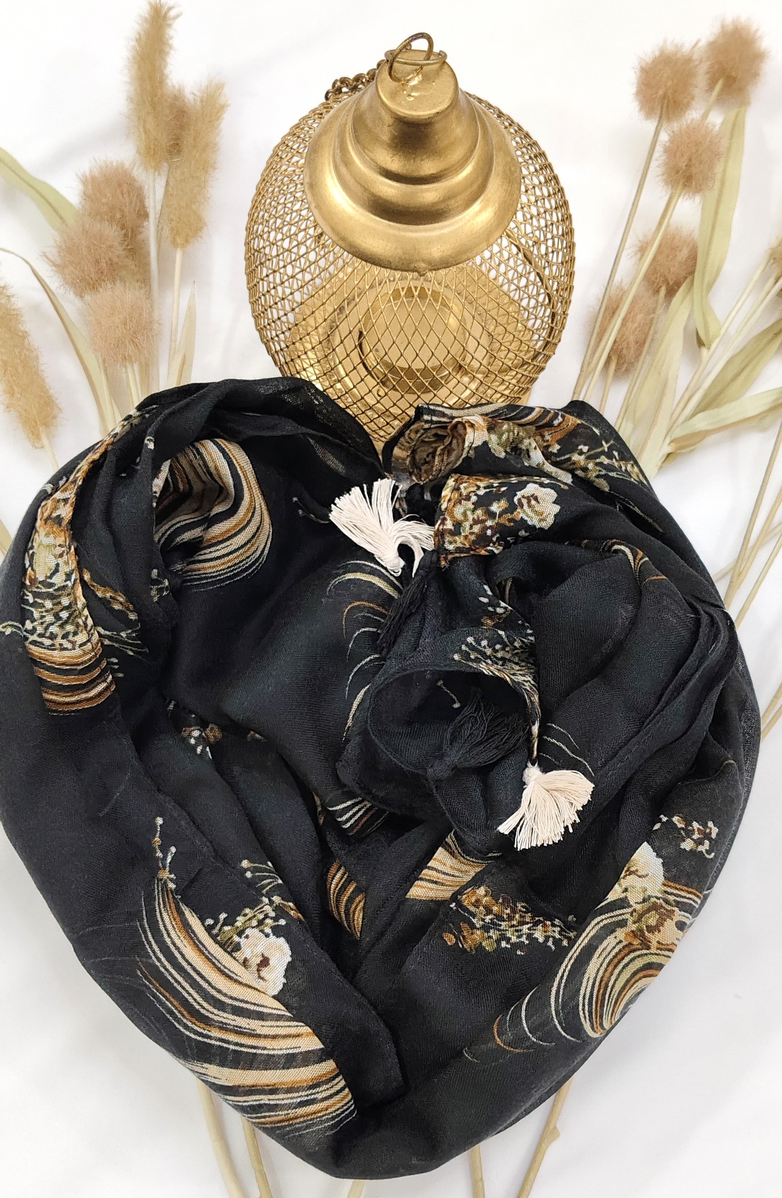 Cotton Floral Line Print Hijab With Tassels