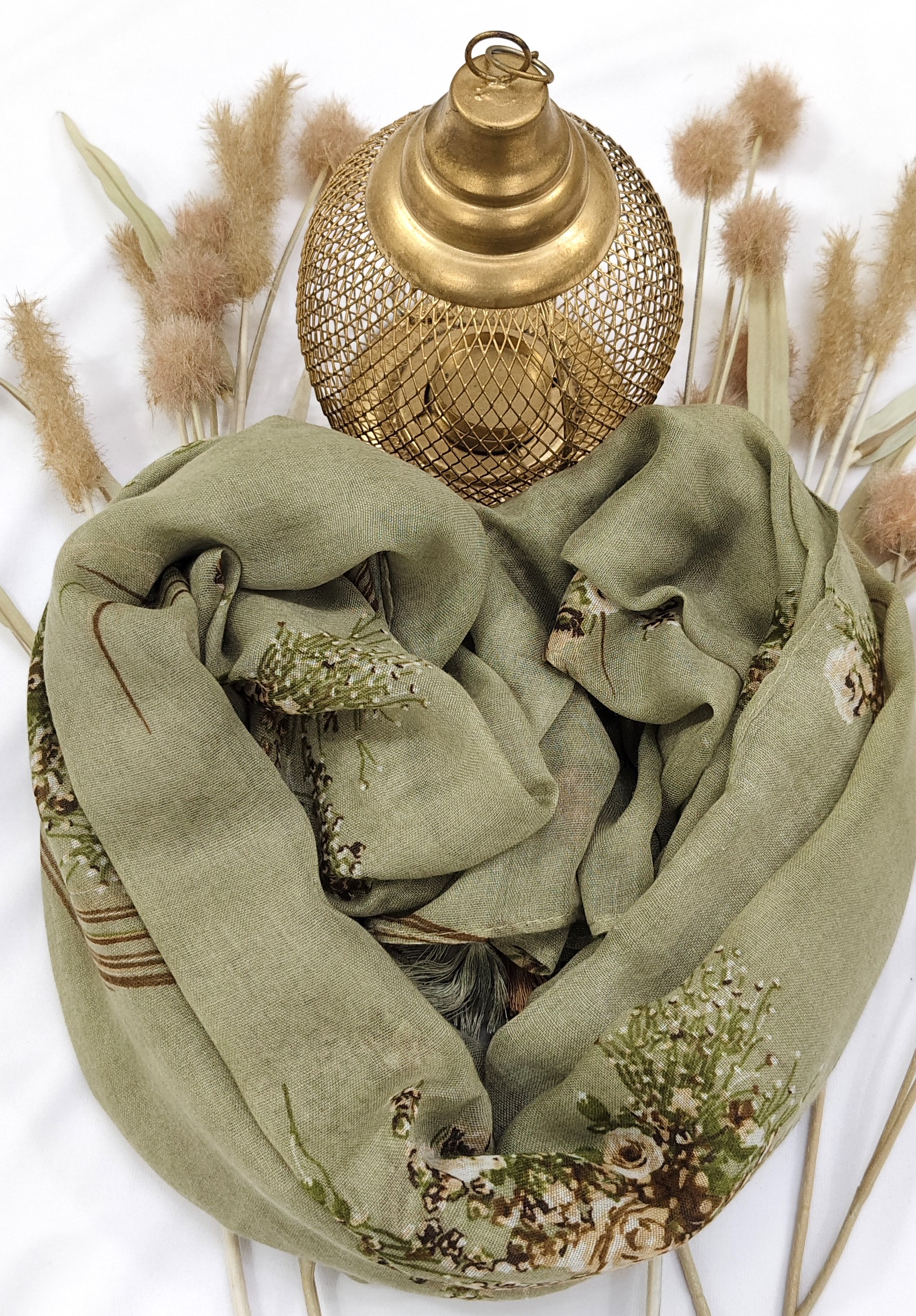 Cotton Floral Line Print Hijab With Tassels