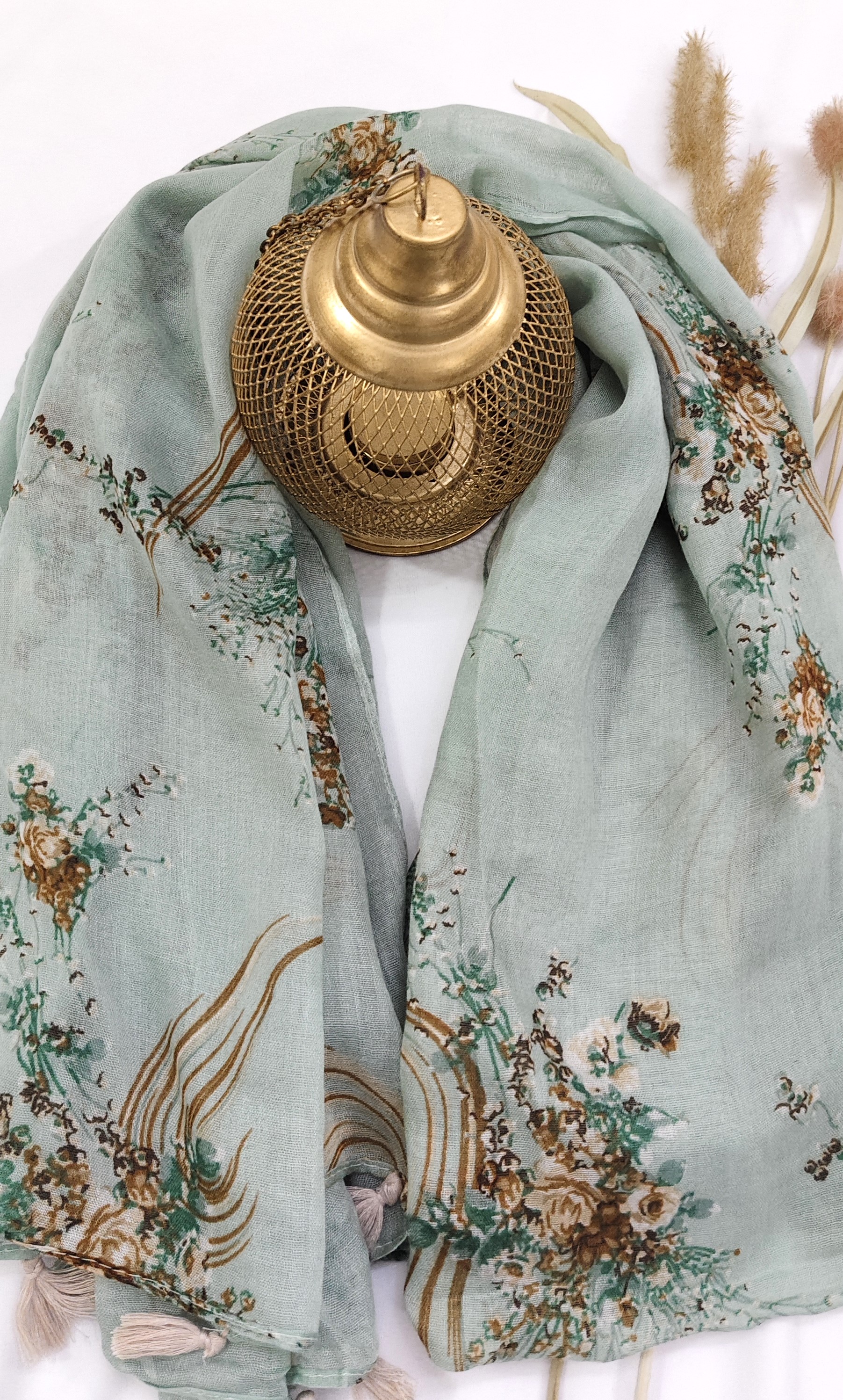 Cotton Floral Line Print Hijab With Tassels