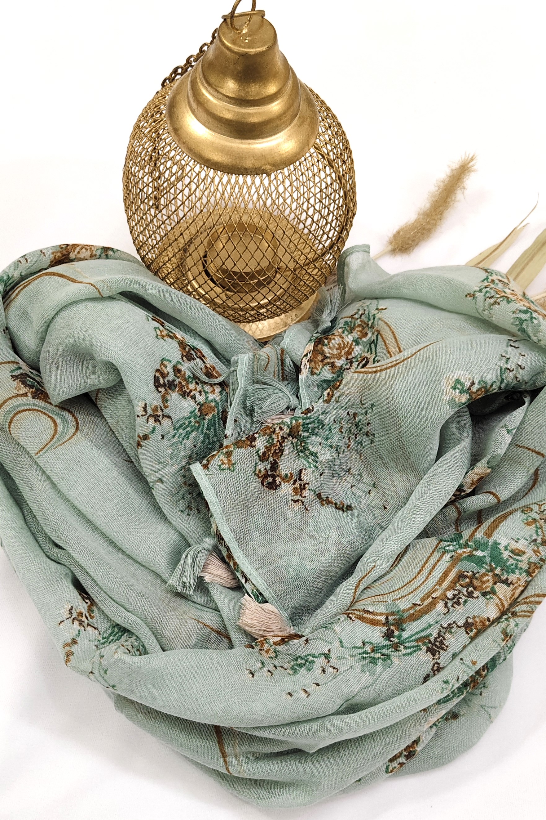Cotton Floral Line Print Hijab With Tassels